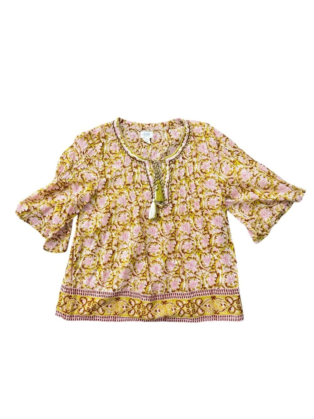 Sigrid Olsen Tassel Peasant Blouse Pink Green Large